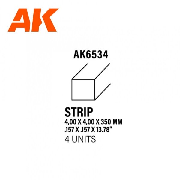 AK Interactive AK6534 STRIPS 4.00 X 4.00 X 350MM – STYRENE STRIP – (4 UNITS)