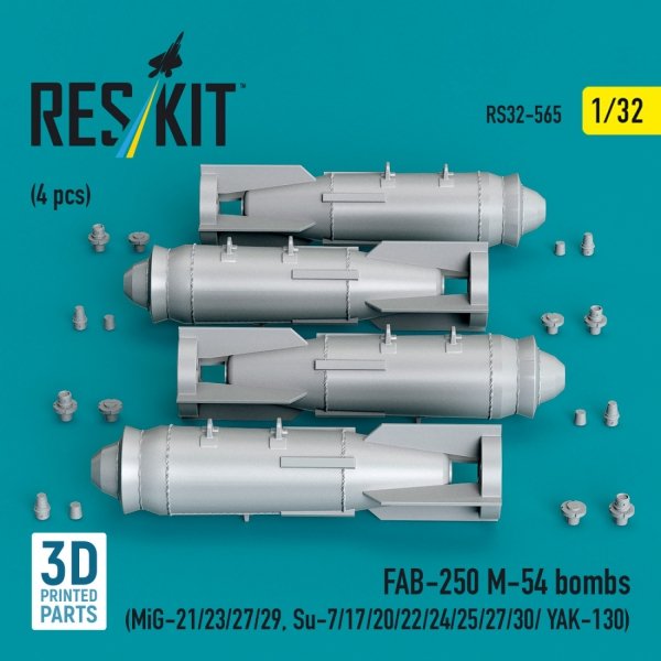 RESKIT RS32-0565 FAB-250 М-54 bombs (4 pcs) (MiG-21/23/27/29, Su-7/17/20/22/24/25/27/30/ YAK-130) (3D Printed) (1/32)