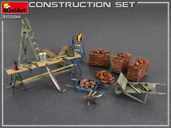 MiniArt 35594 Construction Set Kit: Ladders, Table, Buckets, Bricks, Cart, Anvil, Beams, Jack Stand &amp; Tools 1/35
