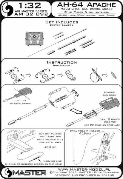 Master AM-32-092 AH-64 Apache - M230 Chain Gun barrel (30mm), Pitot Tubes and tail antenna (resin, PE and turned parts) 1:32