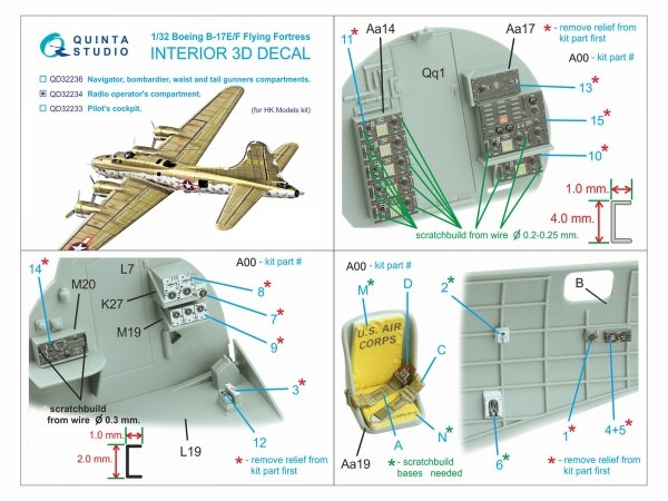 Quinta Studio QD32234 Boeing B-17E/F Radio operator's compartment. 3D-Printed coloured Interior on decal paper (HK models) 1/32