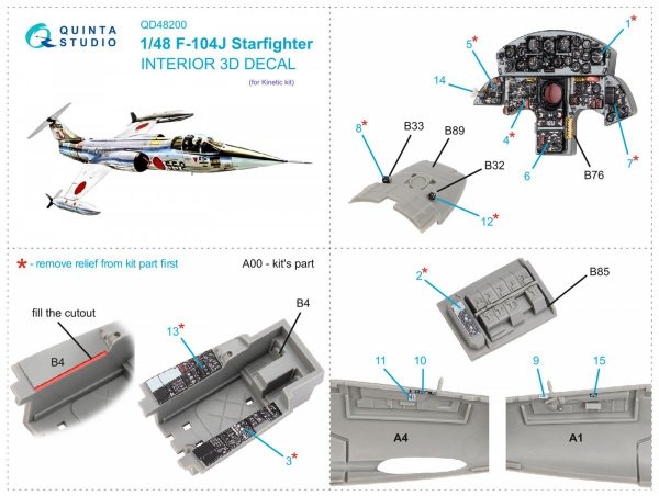 Quinta Studio QD48200 F-104J 3D-Printed &amp; coloured Interior on decal paper (for Kinetic ) 1/48