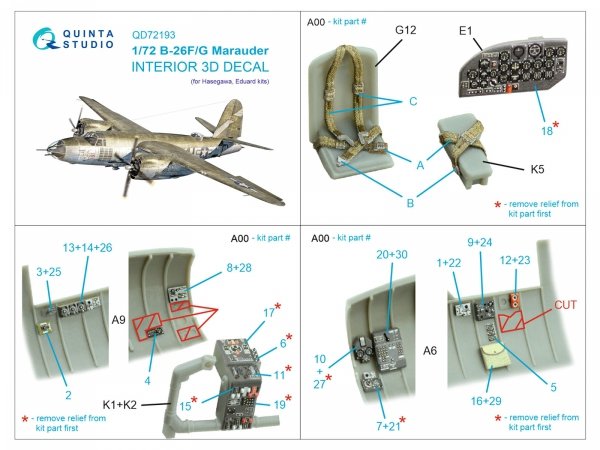 Quinta Studio QD72193 B-26F/G Marauder 3D-Printed coloured Interior on decal paper (Hasegawa) 1/72