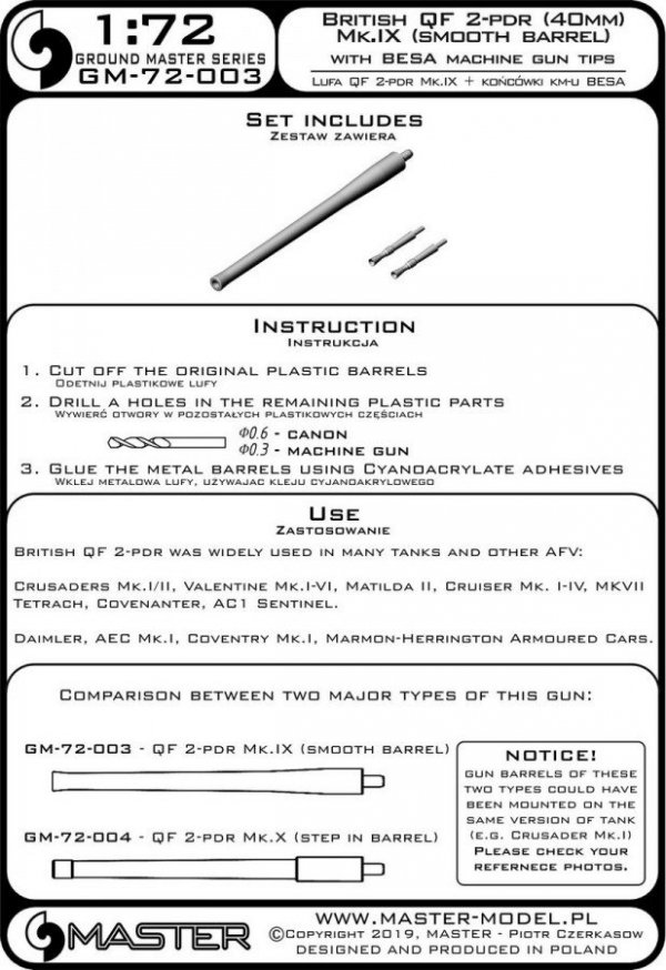 Master GM-72-003 British QF 2-pdr (40mm) - version Mk.IX (smooth barrel) + Besa MG tips - for Crusader Mk.I/II, early Valentine, Matilda II, and other AFV 1/72