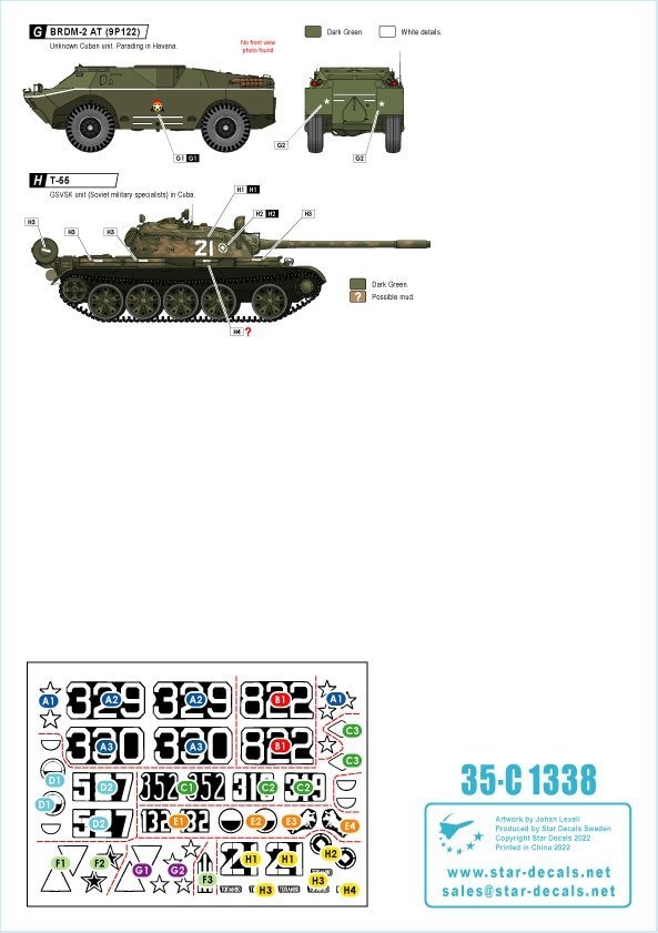 Star Decals 35-C1338 Tanks &amp; AFVs in Cuba # 2. T-34-85, IS-2M, T-54A, T-55, T-62A, ZSU-57-2, BRDM-2 (9P122).1/35