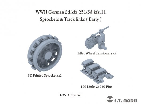 E.T. Model P35-405 WWII German Sd.kfz.251/Sd.kfz.11 Track links &amp; Sprockets Early 3d Printed 1/35