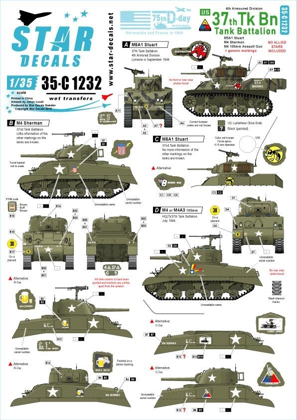 Star Decals 35-C1232 US 37th Tank Battalion 1/35