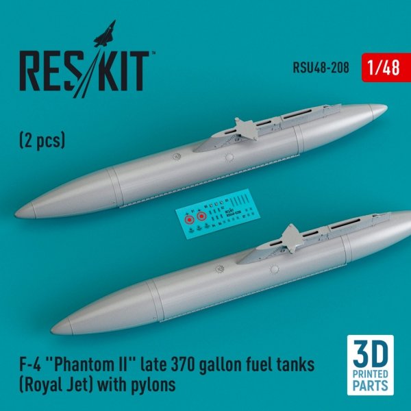 RESKIT RSU48-0208 F-4 &quot;PHANTOM II&quot; LATE 370 GALLON FUEL TANKS (ROYAL JET) WITH PYLONS (2 PCS) (3D PRINTED) 1/48