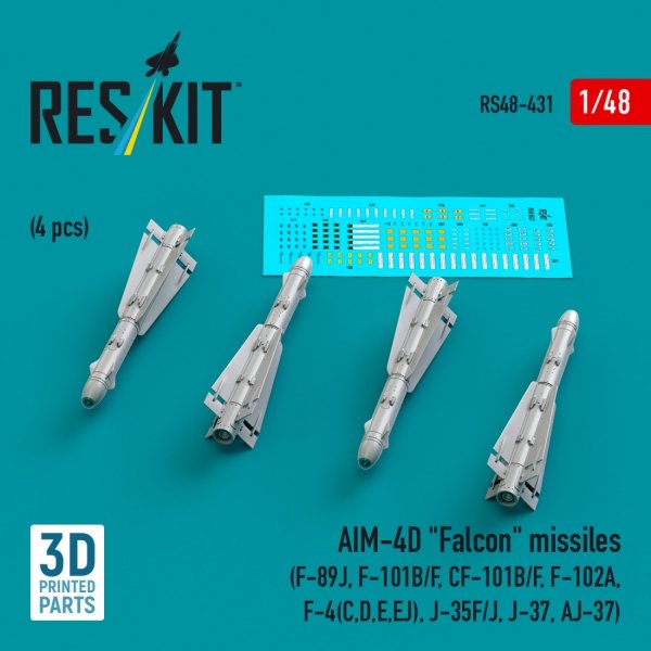 RESKIT RS48-0431 AIM-4D &quot;Falcon&quot; missiles (4 pcs) (3D Printed) 1/48