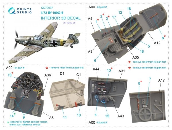 Quinta Studio QD72037 Bf 109 G-6 3D-Printed &amp; coloured Interior on decal paper (Tamiya) 1/72