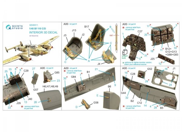 Quinta Studio QD48311 Bf 110C/D 3D-Printed &amp; coloured Interior on decal paper (Eduard) 1/48