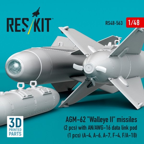 RESKIT RS48-0563 AGM-62 "Walleye II" missiles (2 pcs) with AN/AWG-16 data link pod (1 pcs) (A-4, A-6, A-7, F-4, F/A-18) (3D Printed) (1/48)