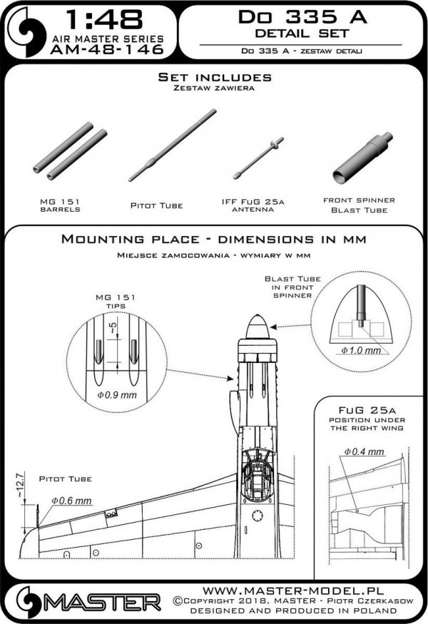 Master AM-48-146 Do 335 A – zestaw detali – MG 151, antena FuG 25a, rurka Pitota (1:48)