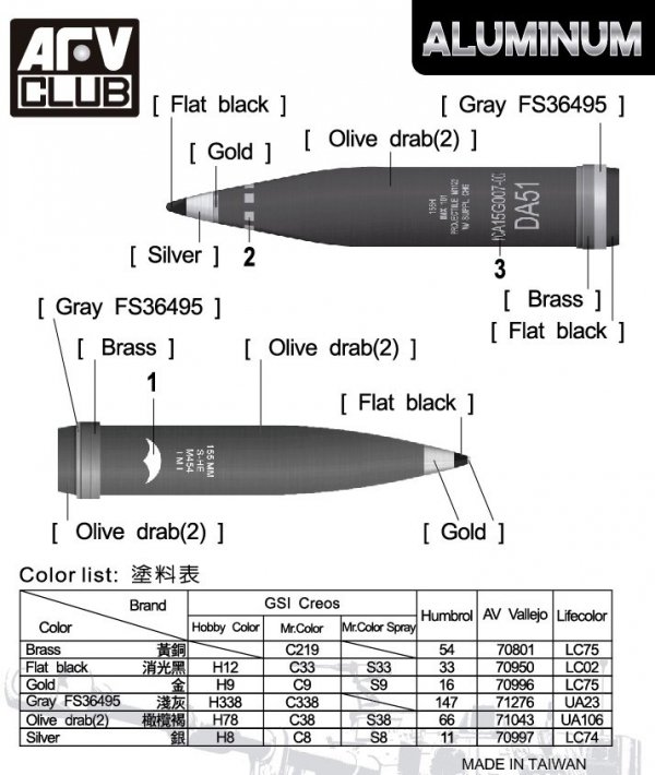 AFV Club AG35055 Aluminum 155mm Artillery Shell M1122 &amp; M454 1/35