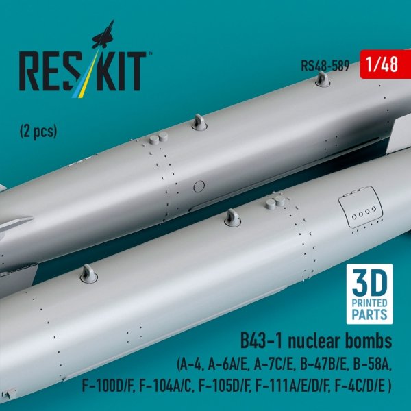 RESKIT RS48-0589 B43-1 nuclear bombs (2 pcs) (A-4, A-6A/E, A-7C/E, B-47B/E, B-58A, F-100D/F, F-104A/C, F-105D/F, F-111A/D/E/F, F-4C/D/E ) (3D Printed) (1/48)