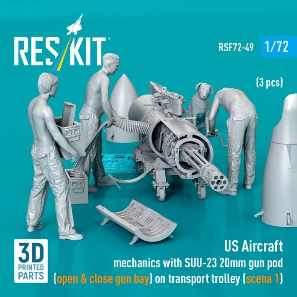 RESKIT RSF72-0049 US Aircraft mechanics with SUU-23 20mm gun pod  (open &amp; close gun bay) on transport trolley (scene 1) (3 pcs) (3D Printed) (1/72)
