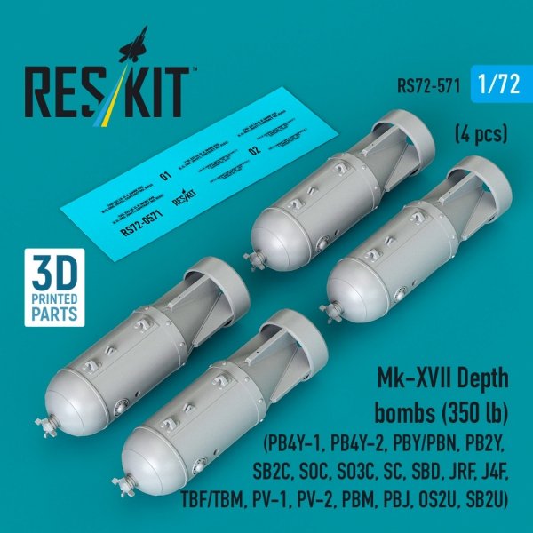RESKIT RS72-0571 Mk-XVII Depth bombs (350 lb) (4 pcs) (PB4Y-1, PB4Y-2, PBY/PBN, PB2Y, SB2C, SOC, SO3C, SC, SBD, JRF, J4F, TBF/TBM, PV-1, PV-2, PBM, PBJ, OS2U, SB2U) (3D Printed) (1/72)