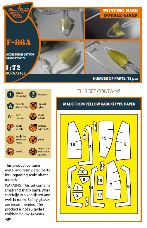 Clear Prop! CPA72162 F-86A double-sided painting mask on &quot;yellow kabuki paper&quot; for CP kits 1/72