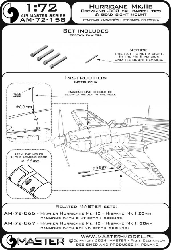 Master AM-72-158 Hawker Hurricane Mk.IIb - końcówki luf Browning .303 oraz podstawa celownika 1/72