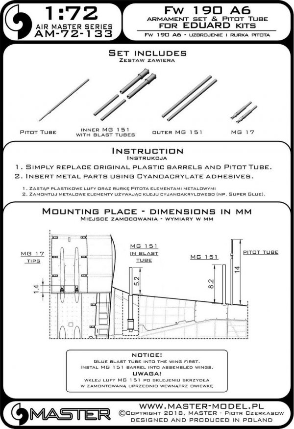 Master AM-72-133 Fw 190 A6 zestaw uzbrojenia (końcówki MG 17, lufy MG 151) oraz rurka Pitota (do modeli Eduard) (1:72)