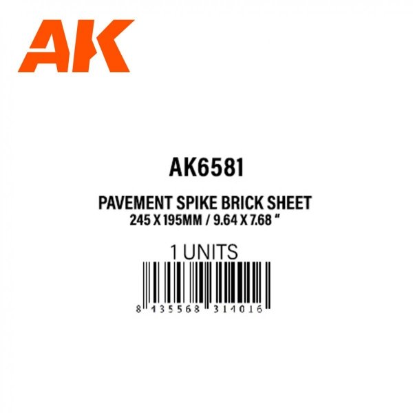 AK Interactive AK6581 PAVEMENT SPIKE BRICK SHEET 245 X 195MM / 9.64 X 7.68 “ TEXTURED STYRENE SHEET – 1 UNIT 