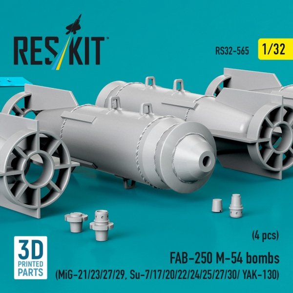 RESKIT RS32-0565 FAB-250 М-54 bombs (4 pcs) (MiG-21/23/27/29, Su-7/17/20/22/24/25/27/30/ YAK-130) (3D Printed) (1/32)