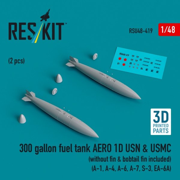 RESKIT RSU48-0419 300 gallon fuel tank AERO 1D USN &amp; USMC (without fin &amp; bobtail fin included) (2 pcs) (3D Printed) 1/48
