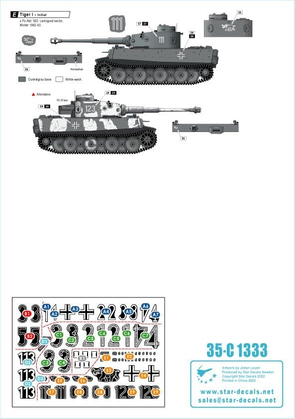 Star Decals 35-C1333 Tiger I. sPzAbt 502 # 1. Initial / Early production Tigers 1942-43. 1/35