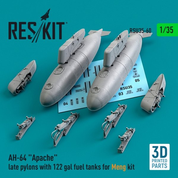 RESKIT RSU35-0060 AH-64 &quot;APACHE&quot; LATE PYLONS WITH 122 GAL FUEL TANKS FOR MENG KIT (3D PRINTED) 1/35