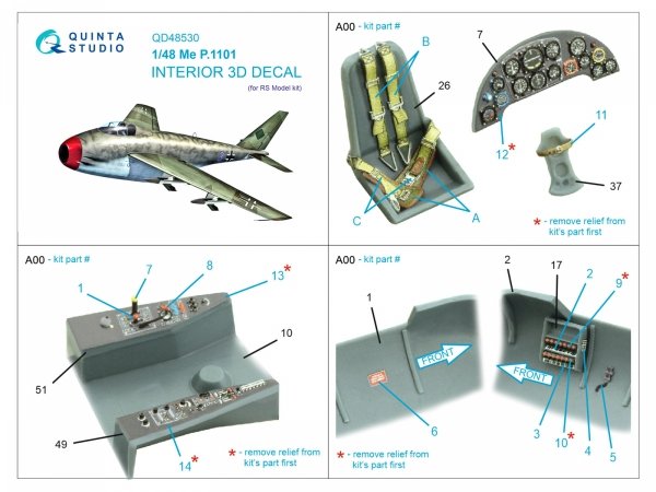 Quinta Studio QD48530 Me P.1101 3D-Printed &amp; coloured Interior on decal paper (RS models) 1/48