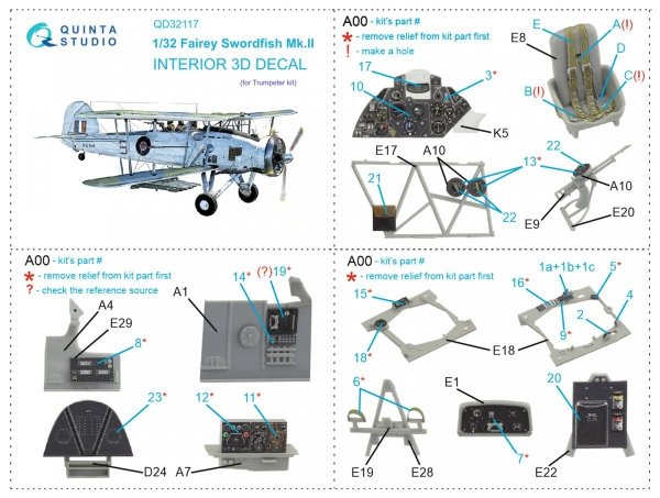 Quinta Studio QD32117 Fairey Swordfish Mk.II 3D-Printed &amp; coloured Interior on decal paper (Trumpeter) 1/32