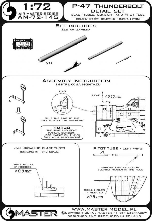 Master AM-72-145 P-47 Thunderbolt - zestaw detali - uzbrojenie, rurka Pitota, celownik 1/72
