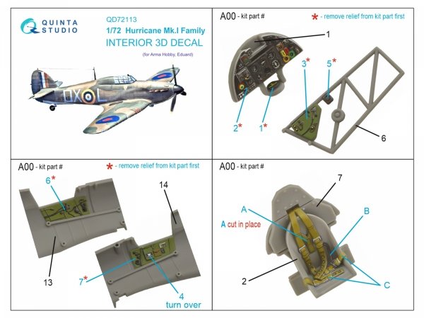 Quinta Studio QD72113 Hurricane Mk.I family 3D-Printed coloured Interior on decal paper (Arma Hobby) 1/72