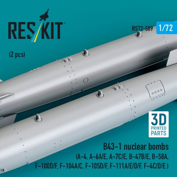 RESKIT RS72-0589 B43-1 nuclear bombs (2 pcs) (A-4, A-6A/E, A-7C/E, B-47B/E, B-58A, F-100D/F, F-104A/C, F-105D/F, F-111A/E/D/F, F-4C/D/E ) (3D Printed) (1/72)