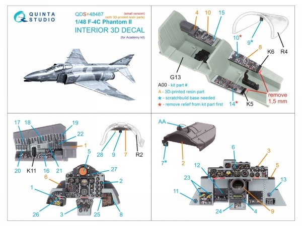 Quinta Studio QDS+48487 F-4C Phantom II 3D-Printed &amp; coloured Interior on decal paper (Academy) (Small version) (with 3D-printed resin parts) 1/48