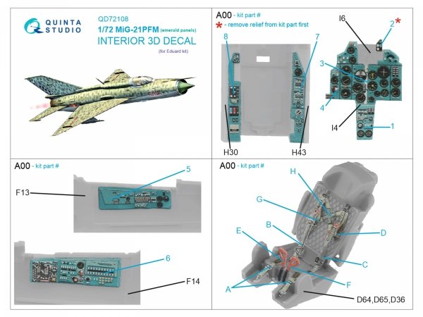 Quinta Studio QD72108 MiG-21PFM Emerald panels 3D-Printed &amp; coloured Interior on decal paper (Eduard) 1/72