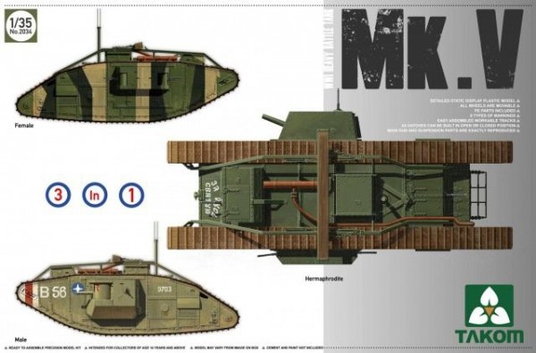 Takom 2034 WWI HEAVY BATTLE TANK MARK V Male Hermaphrodite Female 3 in 1