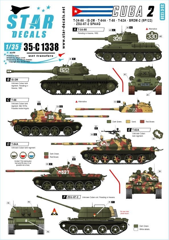 Star Decals 35-C1338 Tanks &amp; AFVs in Cuba # 2. T-34-85, IS-2M, T-54A, T-55, T-62A, ZSU-57-2, BRDM-2 (9P122).1/35