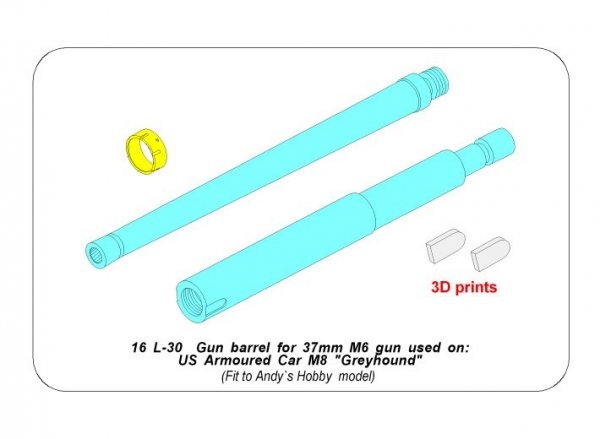Aber 16L-30 Gun barrel for 37mm M6 gun used on US Armoured Car M8 Greyhound 1/16