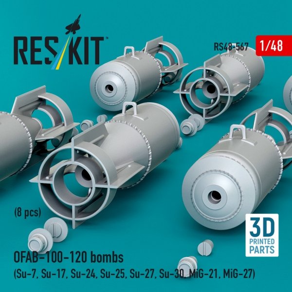 RESKIT RS48-0567 OFAB-100-120 bombs (8 pcs) (Su-7, Su-17, Su-24, Su-25, Su-27, Su-30, MiG-21, MiG-27) (3D Printed) (1/48)