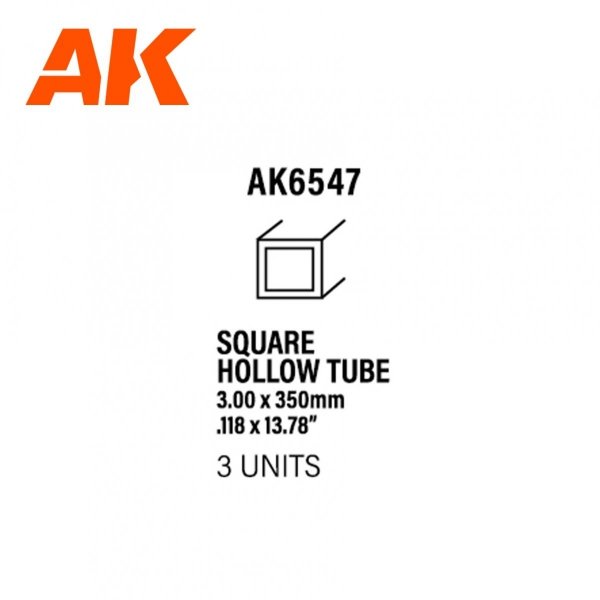 AK Interactive AK6547 SQUARE HOLLOW TUBE 3.00 X 350MM – STYRENE SQUARE HOLLOW TUBE – (3 UNITS)