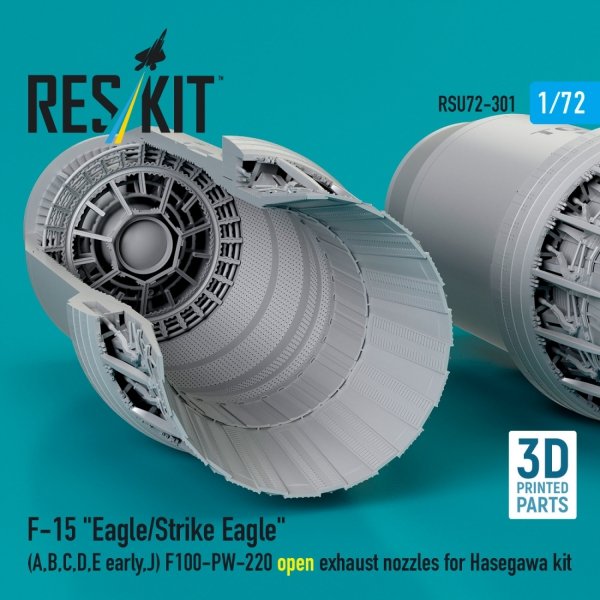 RESKIT RSU72-0301 F‑15 "Eagle/Strike Eagle" (A, B, C, D, E early, J) F100-PW-220 open exhaust nozzles for Hasegawa kit (3D Printed) (1/72)