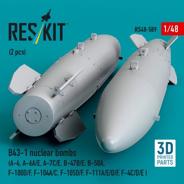 RESKIT RS48-0589 B43-1 nuclear bombs (2 pcs) (A-4, A-6A/E, A-7C/E, B-47B/E, B-58A, F-100D/F, F-104A/C, F-105D/F, F-111A/D/E/F, F-4C/D/E ) (3D Printed) (1/48)