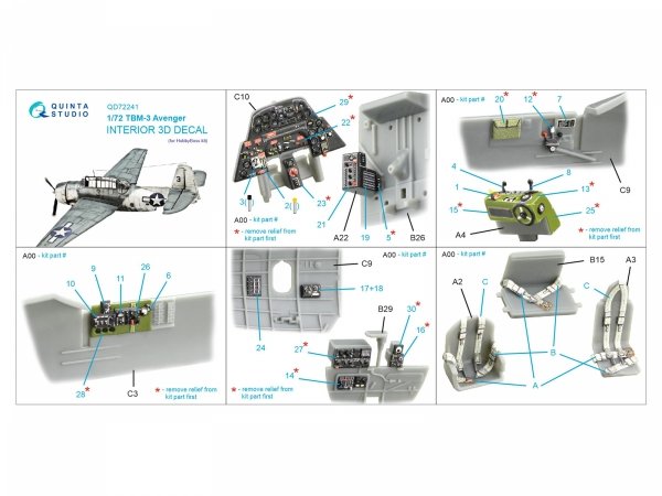 Quinta Studio QD72241 TBM-3 Avenger 3D-Printed &amp; coloured Interior on decal paper ( HobbyBoss ) 1/72