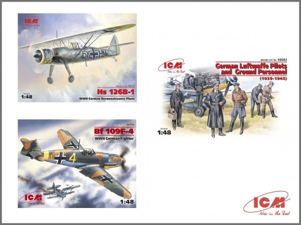 ICM DS4801 WWII Luftwaffe Airfield ( Messerschmitt Bf-109F-4, Henschel Hs-126 B-1, German Luftwaffe Pilots and Groun ) 1/48