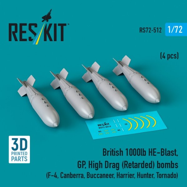 RESKIT RS72-0512 British 1000lb HE-Blast, GP, High Drag (Retarded) bombs (4 pcs) (F-4, Canberra, Buccaneer, Harrier, Hunter, Tornado) (3D printed) (1/72)