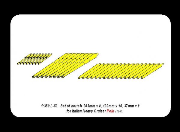 Aber 350L-50 Set of barrels 203mm x 8; 100mm x 16, 37mm x 8 for Italian Navy Pola class heavy crusies (1:350)