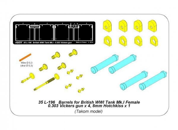 Aber 35L-196 Barrels for British WWI Tank Mk.I Female or 0.303 Vickers gun x 4 8mm Hotchkiss m.1909 x 1 (1:35)
