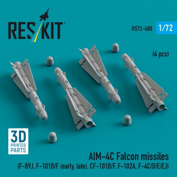 RESKIT RS72-0488 AIM-4C Falcon missiles (4 pcs) (3d Printed) 1/72