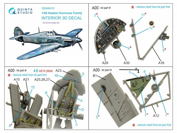 Quinta Studio QD48410 Hurricane family 3D-Printed &amp; coloured Interior on decal paper (Arma Hobby) 1/48